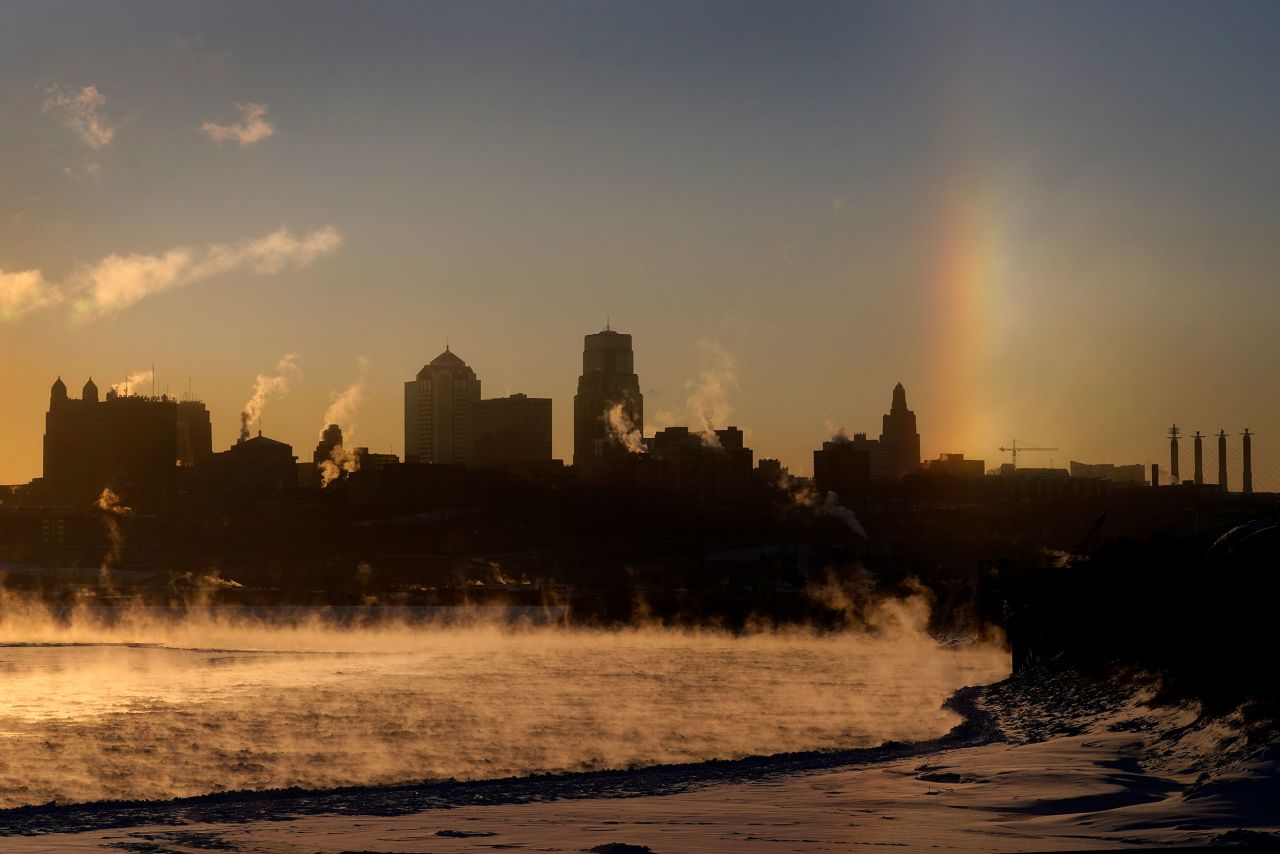 Steam rises off the frozen Missouri River in Kansas City.