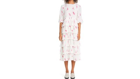 Ganni Rose Print Pleated Georgette Midi Dress
