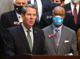 Georgia Gov. Brian Kemp speaks a press conference at the Capitol on Tuesday, February 16, 2021.