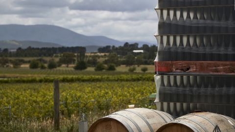 Wine barrels and pallets of bottles are stacked at a winery in the Yarra Valley, Victoria, Australia, on December 7.