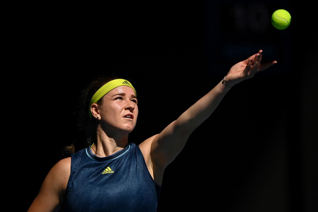 Muchova serves in her match against Barty.