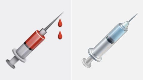 Apple's redesigned syringe emoji (right). 