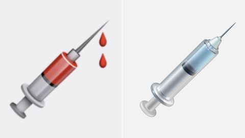 Apple's redesigned syringe emoji (right).