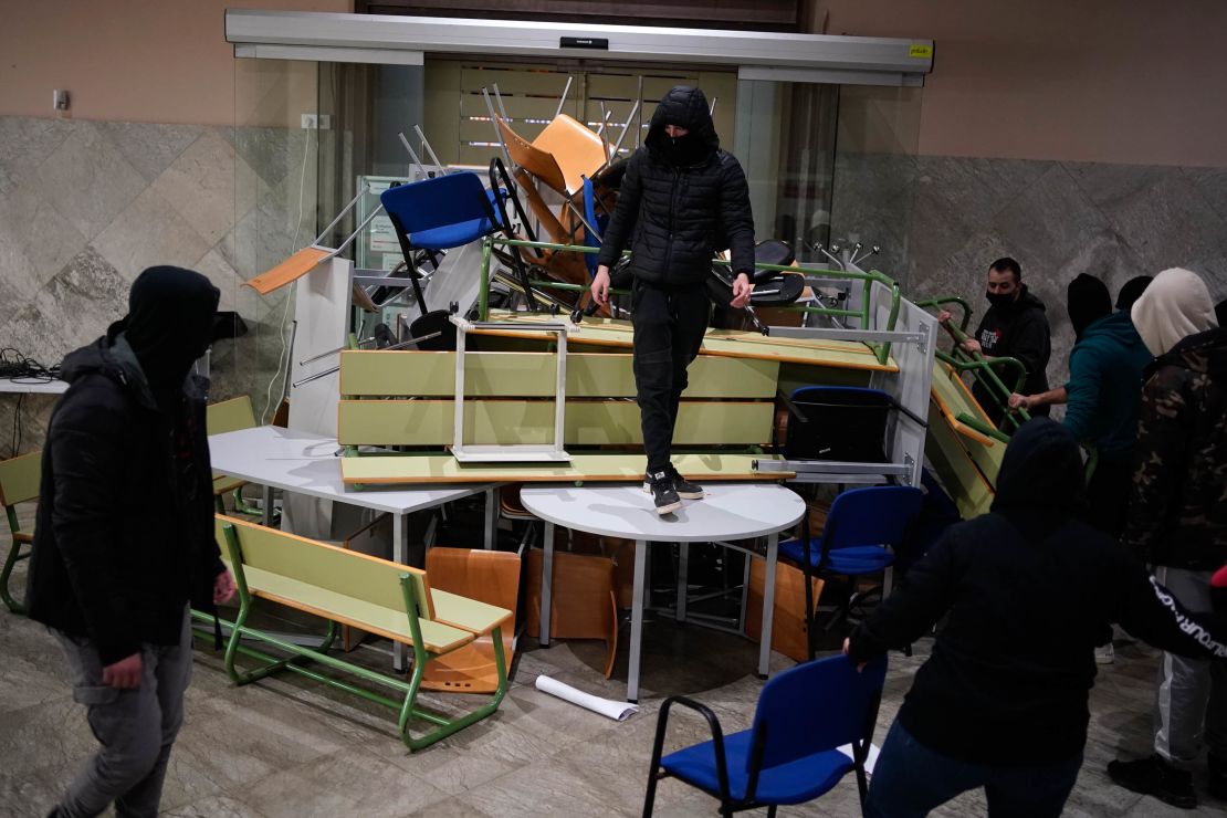 Hasel's supporters make barricades inside the University of Lleida on Monday.