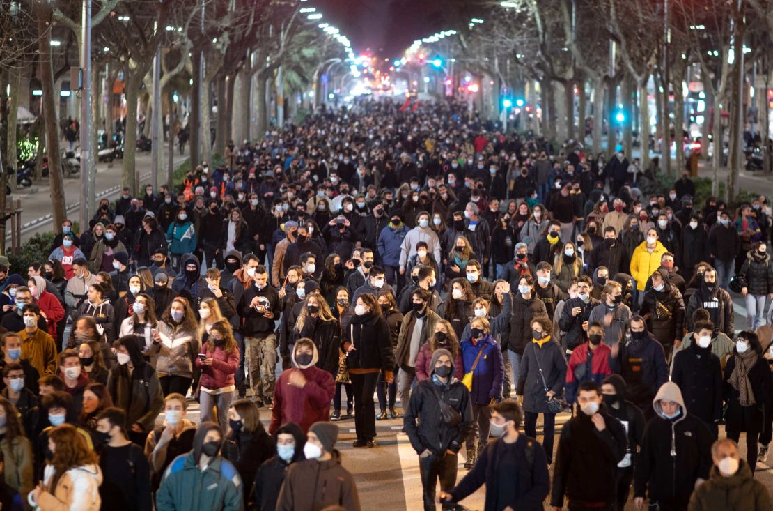 Supporters of the rapper demonstrate in Barcelona on Tuesday condemning his arrest.