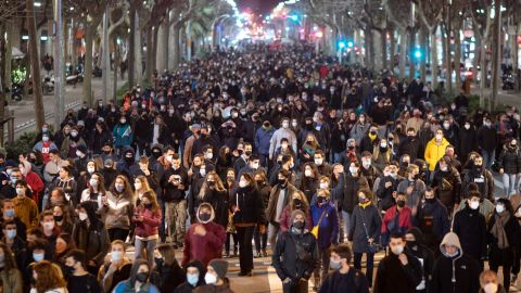 Supporters of the rapper demonstrate in Barcelona on Tuesday condemning his arrest.