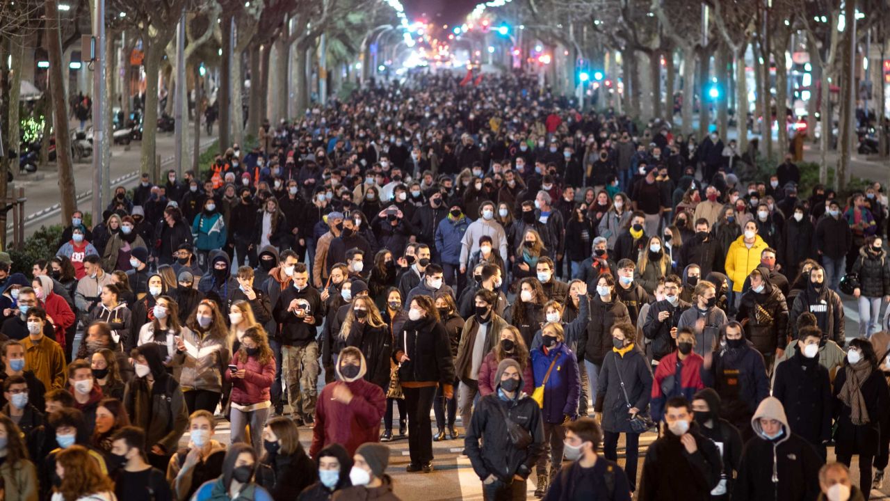 Supporters of the rapper demonstrate in Barcelona on Tuesday condemning his arrest.