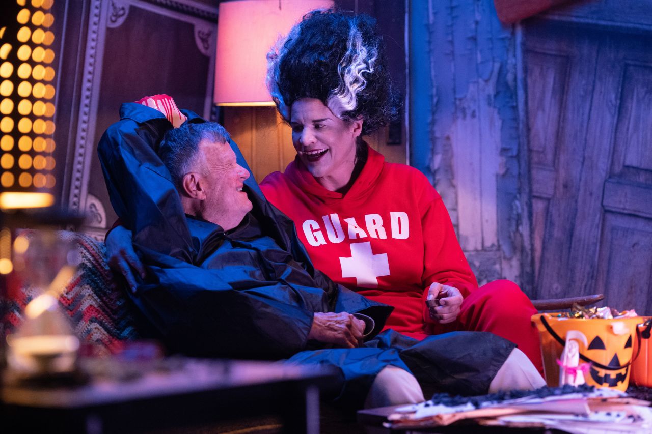 Dick Johnson and daughter Kirsten on a Halloween-inspired set in "Dick Johnson is Dead."