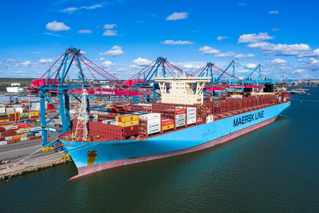 The 400-meter long Maersk Murcia sits moored to a terminal in the port of Gothenburg on the west coast of Sweden.