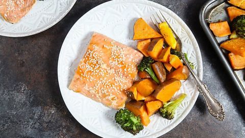 One Pan Orange Salmon With Sweet Potatoes + Broccoli