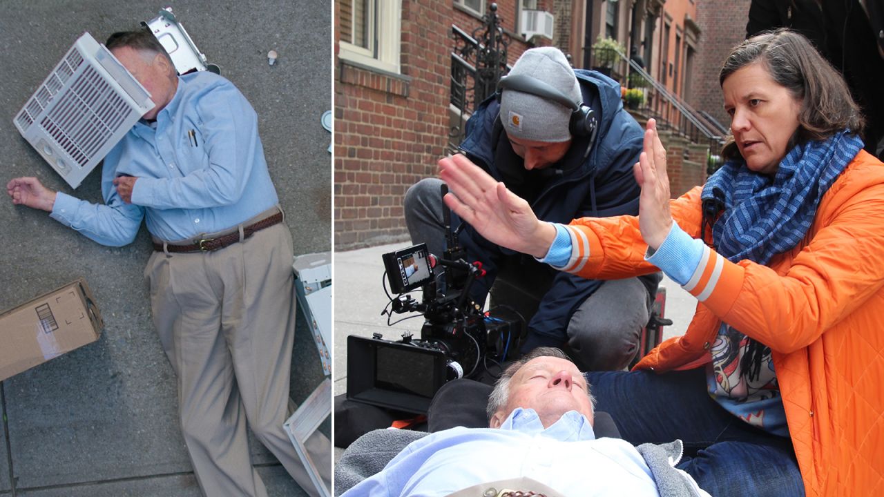 A stunt in "Dick Johnson is Dead," and Kirsten Johnson directing her father.
