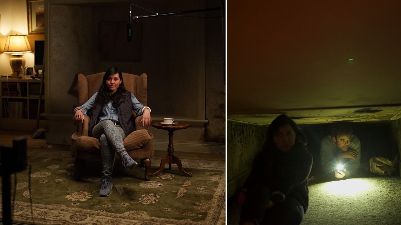 Writer-director Natalie Erika James on set (left) and with cinematographer Charlie Sarroff shooting scenes in the narrow labyrinth that becomes Edna's home in "Relic."