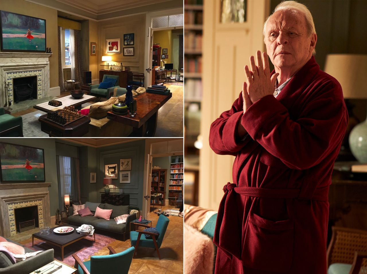 Left: Peter Francis' set for "The Father" was redressed in multiple ways in the film. Right: Anthony Hopkins as Anthony, the lead in Florian Zeller's film adaptation of his own stage play.