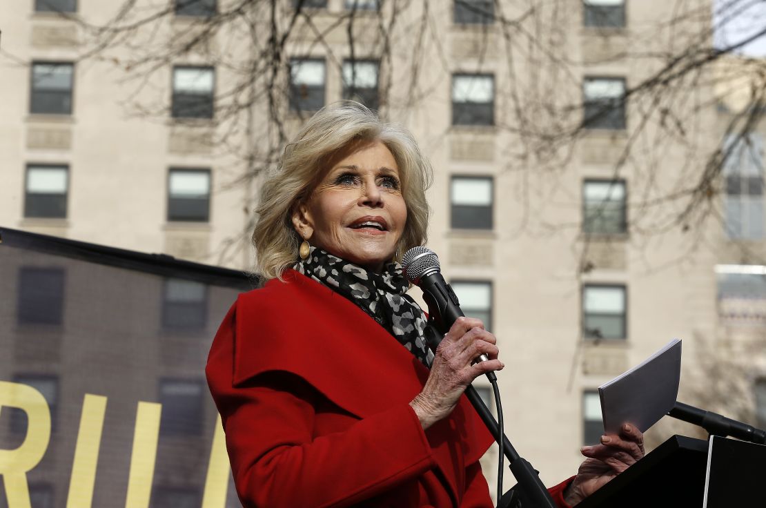 Fonda speaking at a "Fire Drill Friday" climate action event in Washington, DC in 2019.
