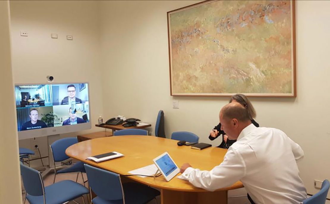 Australian Treasurer Josh Frydenberg speaking with Facebook CEO Mark Zuckerberg via video call on Jan. 28.