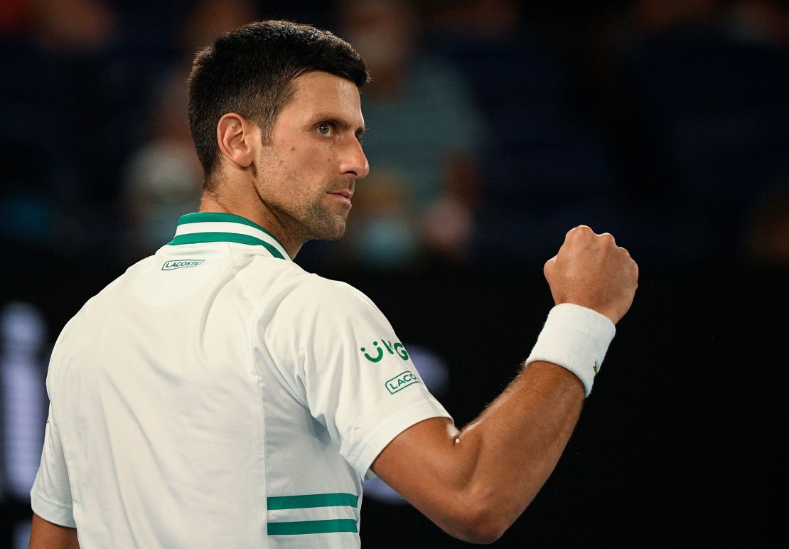 Djokovic celebrates during his match against Karatsev.