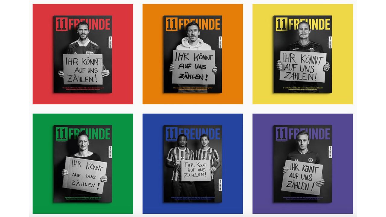 The latest issue of the German magazine 11Freunde (11 Friends) features covers with different footballers as part of a new campaign offering support to LGBTQ players. 