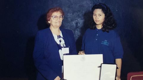 Morales Casanova pictured in 1998 with her grandmother, Irene, after being awarded the National Youth Award for Environmental Protection.