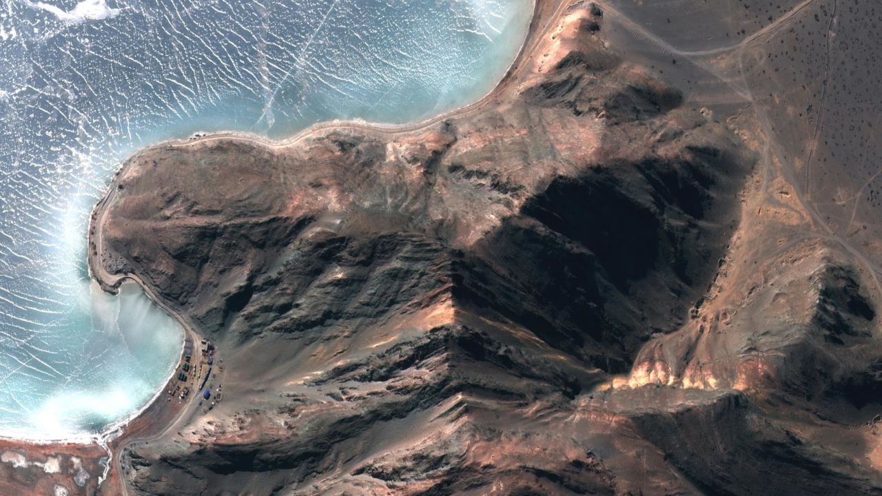 A satellite image of a cleared Chinese deployment along the China-India border at Pangong Tso lake.