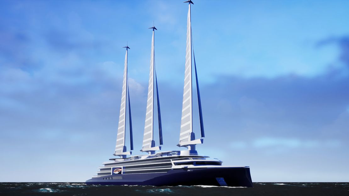 Chantiers de l'Atlantique released this rendering of the sails in action, on a cruise ship design they called Silenseas.