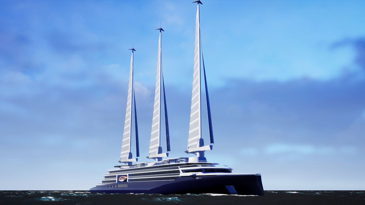 Chantiers de l'Atlantique released this rendering of the sails in action, on a cruise ship design they called Silenseas.