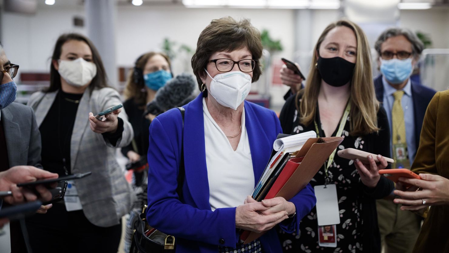 Senator Susan Collins, a Republican from Maine, speaks to members of the media in the Senate Subway at the U.S. Capitol in Washington, D.C., U.S., on Thursday, Feb. 11, 2021.