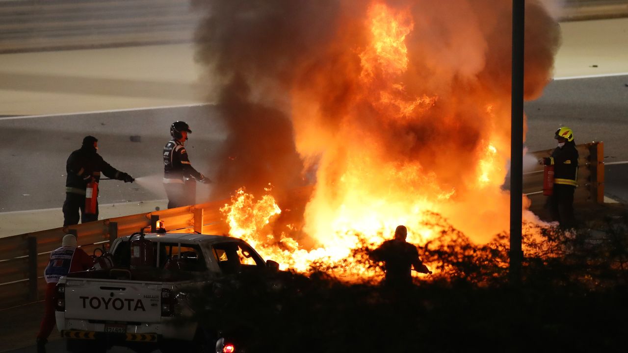 Grosjean's car caught fire after colliding with the barrier on the first lap of the Bahrain Grand Prix.
