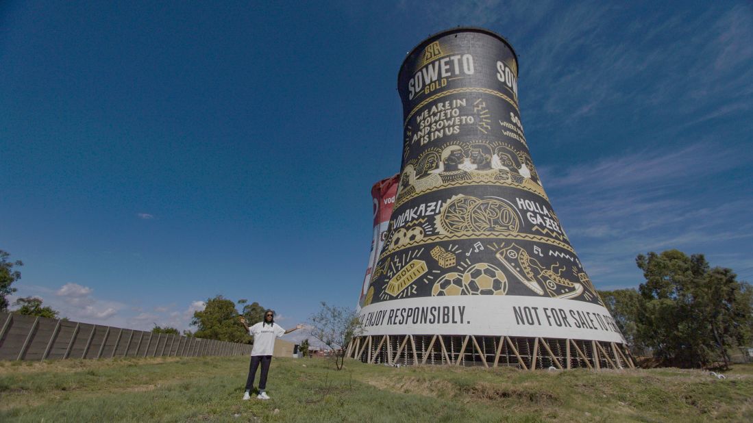 One of Poppy's largest projects to date was painting murals on these water towers that soar over Soweto. Acknowledging the challenges faced by women in her field, she hopes to serve as a role model for future generations of Black female creatives. "There's a certain way in which we tell stories that I think the world not only will enjoy, but I think the world needs."