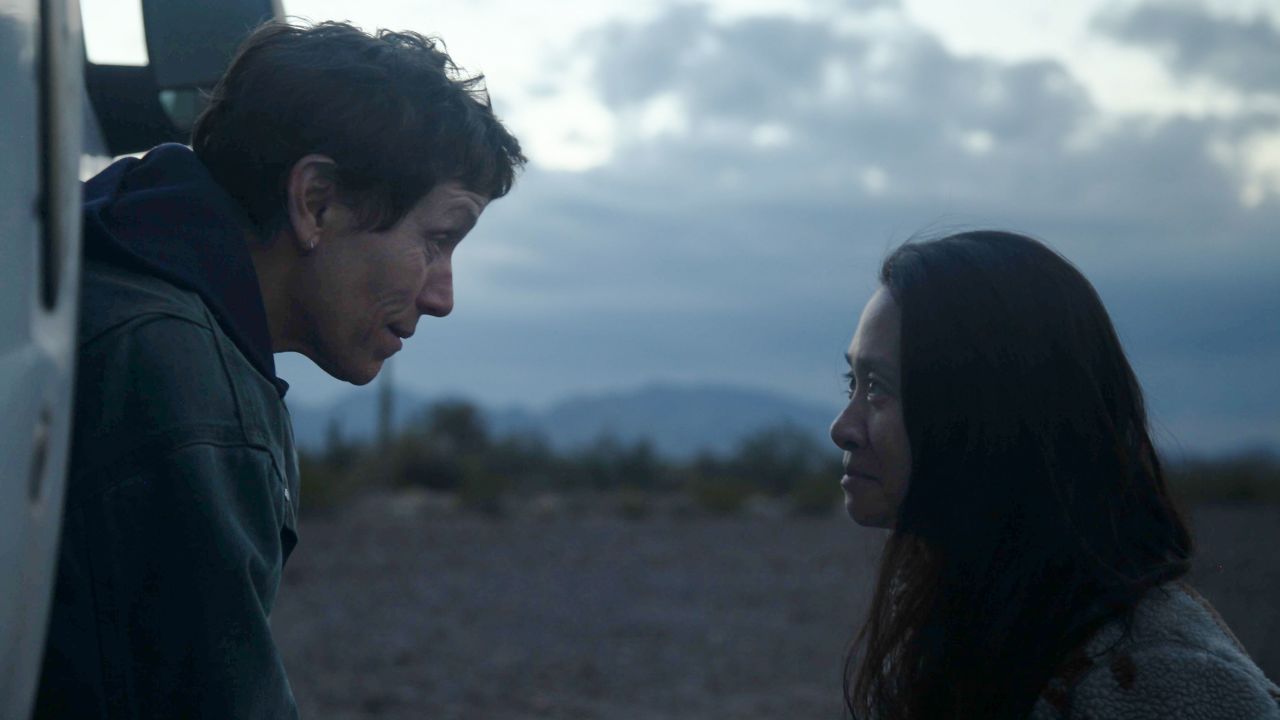 Frances McDormand and Director/Writer Chloé Zhao on the set of "Nomadland."