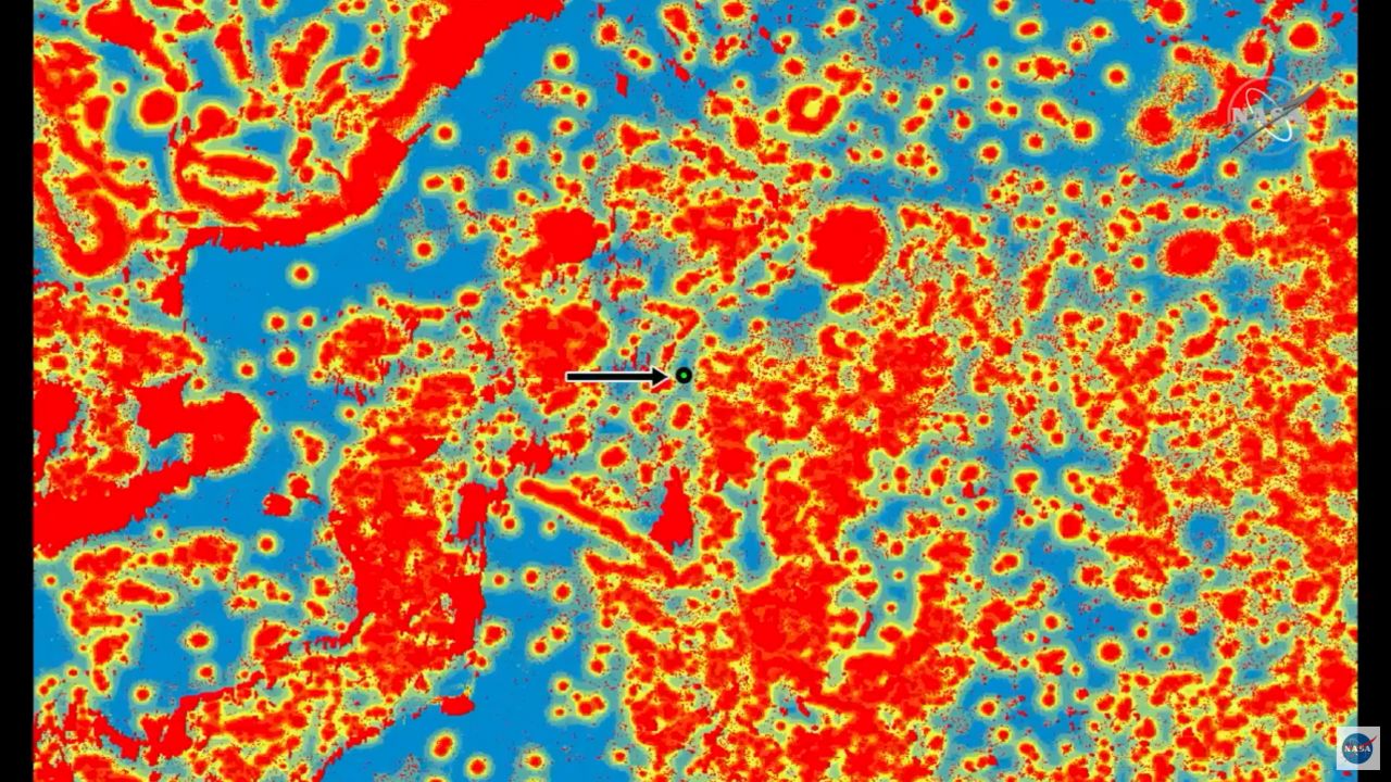 This image shared during the post-landing press conference shows the landing site. Red means hazards. Perseverance landed in a safe spot.
