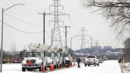 FORT WORTH, TX - FEBRUARY 16: Pike Electric service trucks line up after a snow storm on February 16, 2021 in Fort Worth, Texas. Winter storm Uri has brought historic cold weather and power outages to Texas as storms have swept across 26 states with a mix of freezing temperatures and precipitation. (Photo by Ron Jenkins/Getty Images)