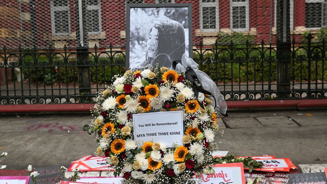 A memorial for Mya Thweh Thweh Khine is seen in Yangon on February 18, 2021. 