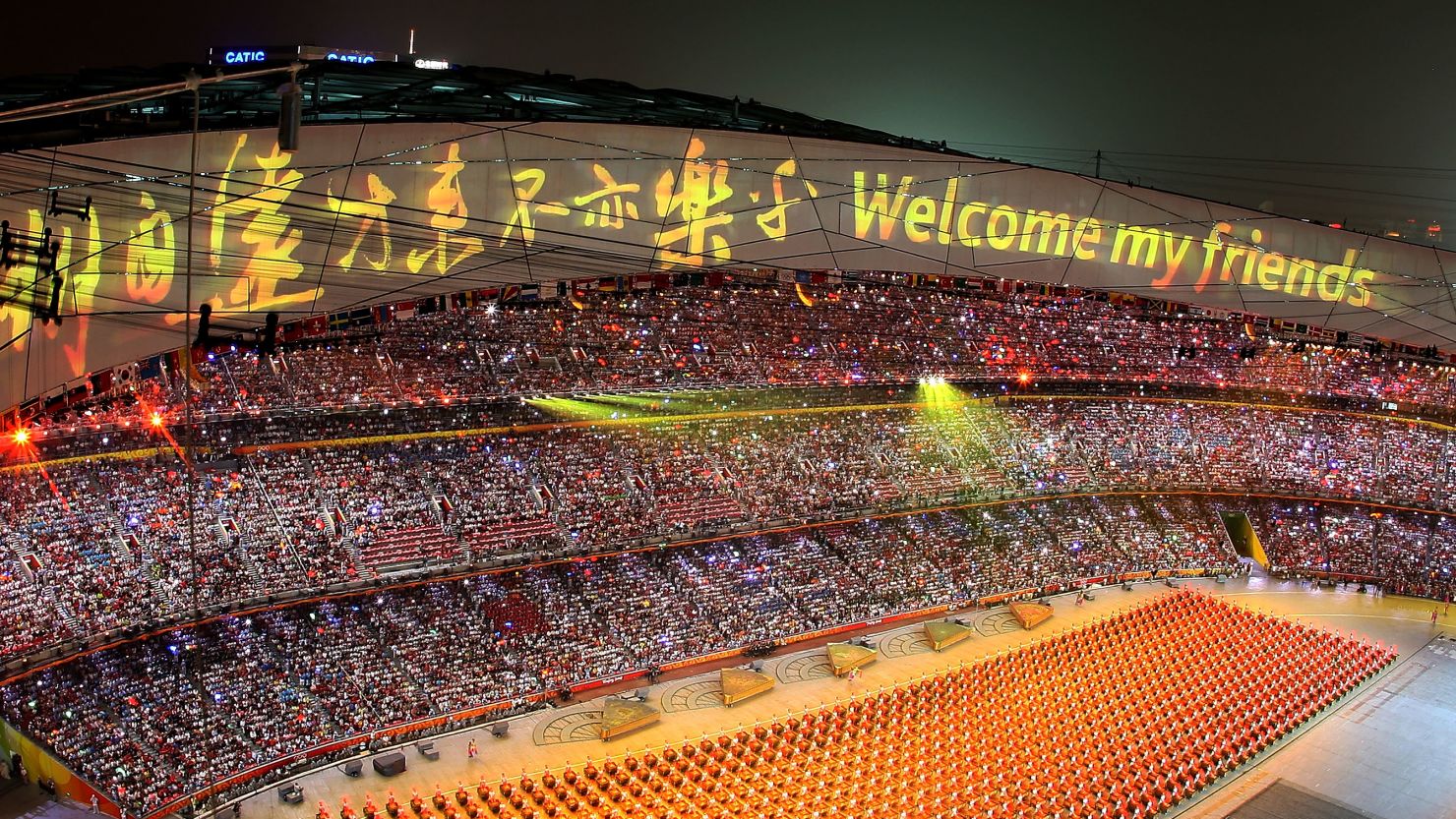 A welcome message is displayed during the Opening Ceremony for the 2008 Beijing Summer Olympics.