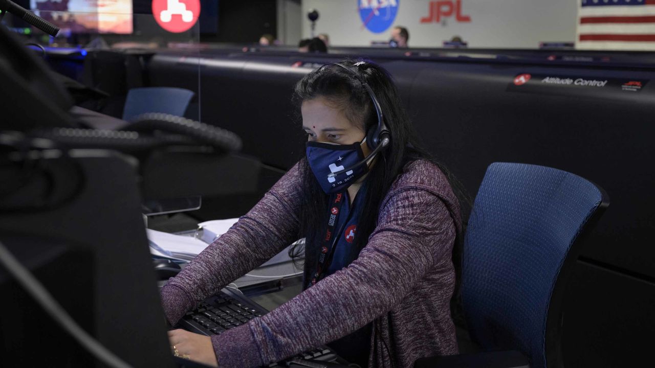 Swati Mohan, NASA's Mars 2020 guidance and controls operations lead, sits in mission control at the Jet Propulsion Laboratory in Pasadena, California. The Perseverance rover landed on Mars successfully Thursday.