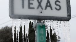 KILLEEN, TEXAS - FEBRUARY 18: Icicles hang off the  State Highway 195 sign on February 18, 2021 in Killeen, Texas. Winter storm Uri has brought historic cold weather and power outages to Texas as storms have swept across 26 states with a mix of freezing temperatures and precipitation. (Photo by Joe Raedle/Getty Images)