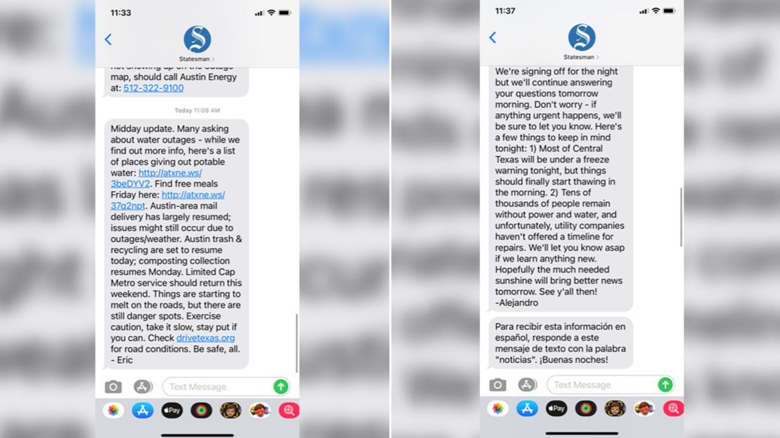 Screenshots of text messages from Austin American-Statesman's new texting service launched Thursday.