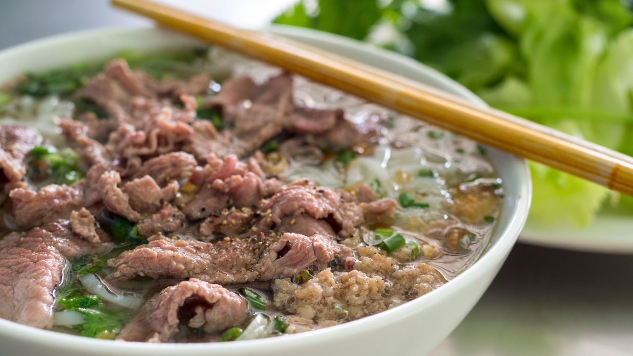<strong>Beef pho (phở bò) | Vietnam:</strong> Beef is simmered for hours with cinnamon, star anise and other warm spices to create a wonderfully aromatic base for this rice noodle soup.