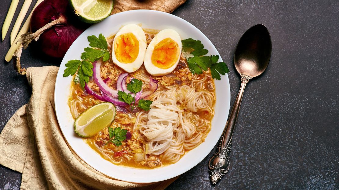 This version of mohinga features catfish, rice noodles, chicken, eggs and lime.