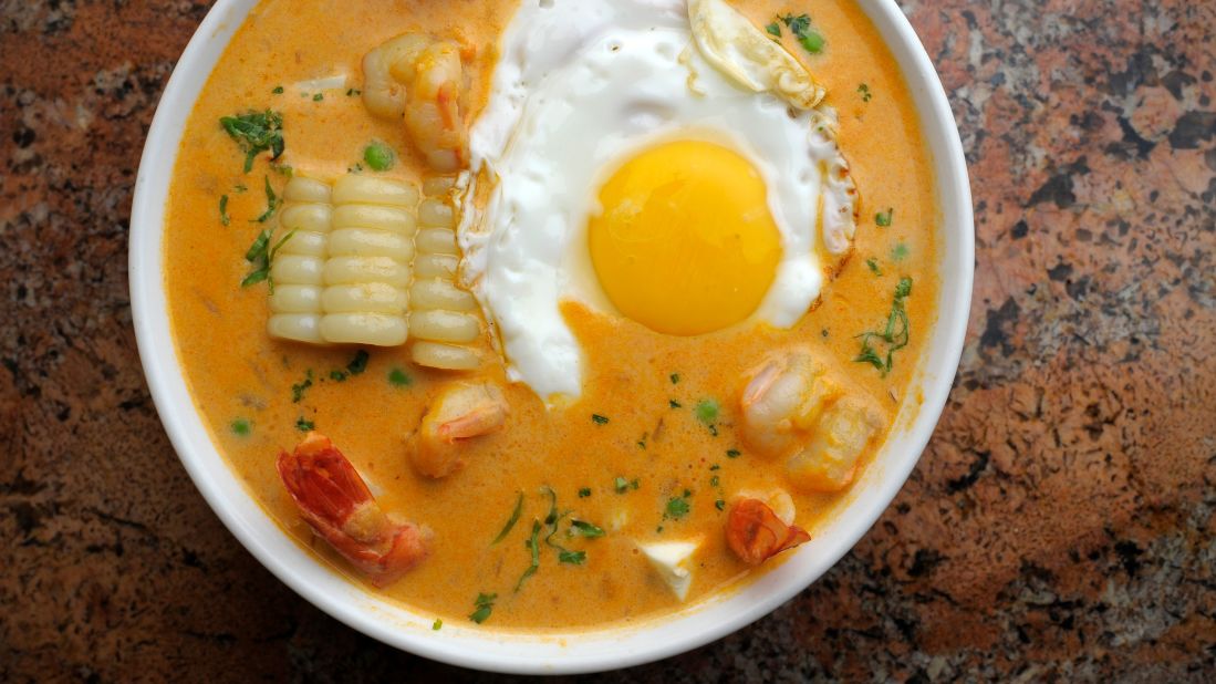<strong>Chupe de Camarones | Peru:</strong> This creamy shrimp chowder with potatoes and corn gets a kick from the addition of ají amarillo, a chili pepper.