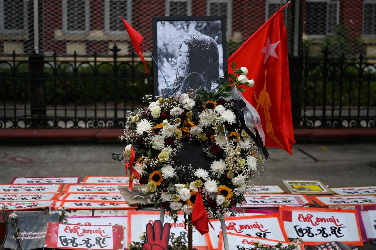 Flower tributes and sympathy messages are left in Yangon for <a href="https://www.cnn.com/2021/02/19/asia/myanmar-protester-shot-dies-intl-hnk/index.html" target="_blank">Mya Thweh Thweh Khine.</a> The 20-year-old was shot in the head at a protest in Naypyidaw, and she died on February 19.