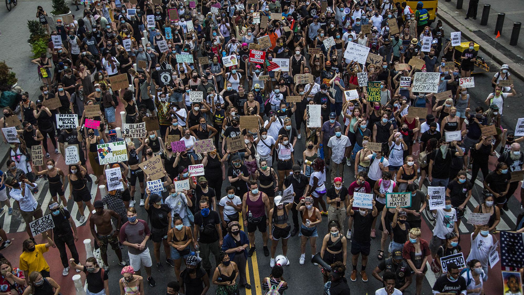 Huge crowd of protesters march in downtown New York on July 26, 2020. Hundreds of activists marched to condemn what they see as an excessive focus by the federal authorities in Portland, Oregon, and to support the movements of Black Lives Matter.