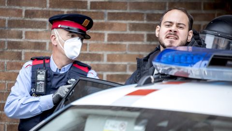 The rapper Pablo Hasél is arrested by police officers at the University of Lleida on Tuesday