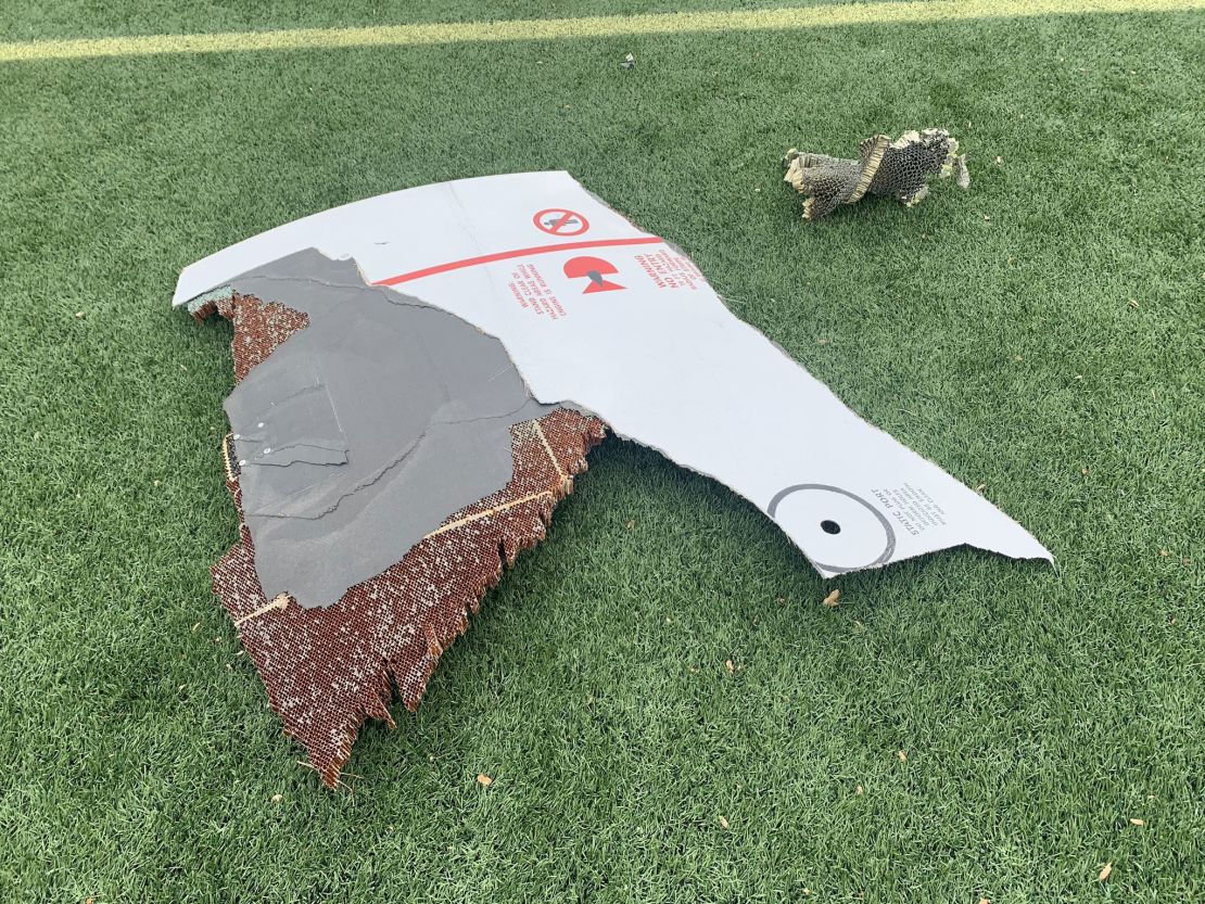 Aircraft debris from a United Airlines flight on a soccer field in Broomfield, Colorado, on Saturday, February 20.