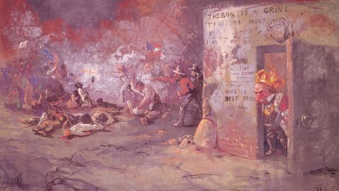 The massacre at New Orleans: A cartoon by Thomas Nast shows President Andrew Johnson "as a king, crowned and in velvet and ermine." Nast and others blamed Johnson's support of former Confederates and his soft policies against the South for causing the July 1866 riot.