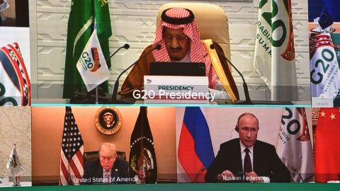 Biden's core message was very simple: I am not Donald Trump. The former US President is seen with Saudi King Salman bin Abdulaziz and Russian President Vladimir Putin during the virtual G20 summit in November 2020.