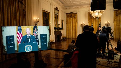 US President Joe Biden speaks at a virtual event hosted by the Munich Security Conference, as seen in the White House, on February 19, 2021.