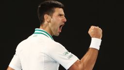 MELBOURNE, AUSTRALIA - FEBRUARY 21: Novak Djokovic of Serbia celebrates a point in his Men's Singles Final match against Daniil Medvedev of Russia during day 14 of the 2021 Australian Open at Melbourne Park on February 21, 2021 in Melbourne, Australia. (Photo by Cameron Spencer/Getty Images)