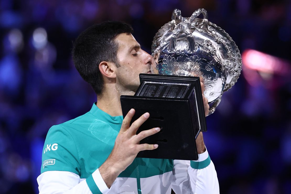 Novak Djokovic celebrates winning the Australian Open in February. 