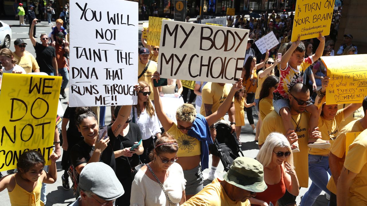 Anti-vaccine protesters march in Sydney, Australia on February 20, 2021.