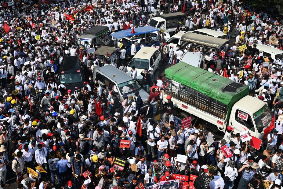 Protesters gather for a demonstration on February 22.